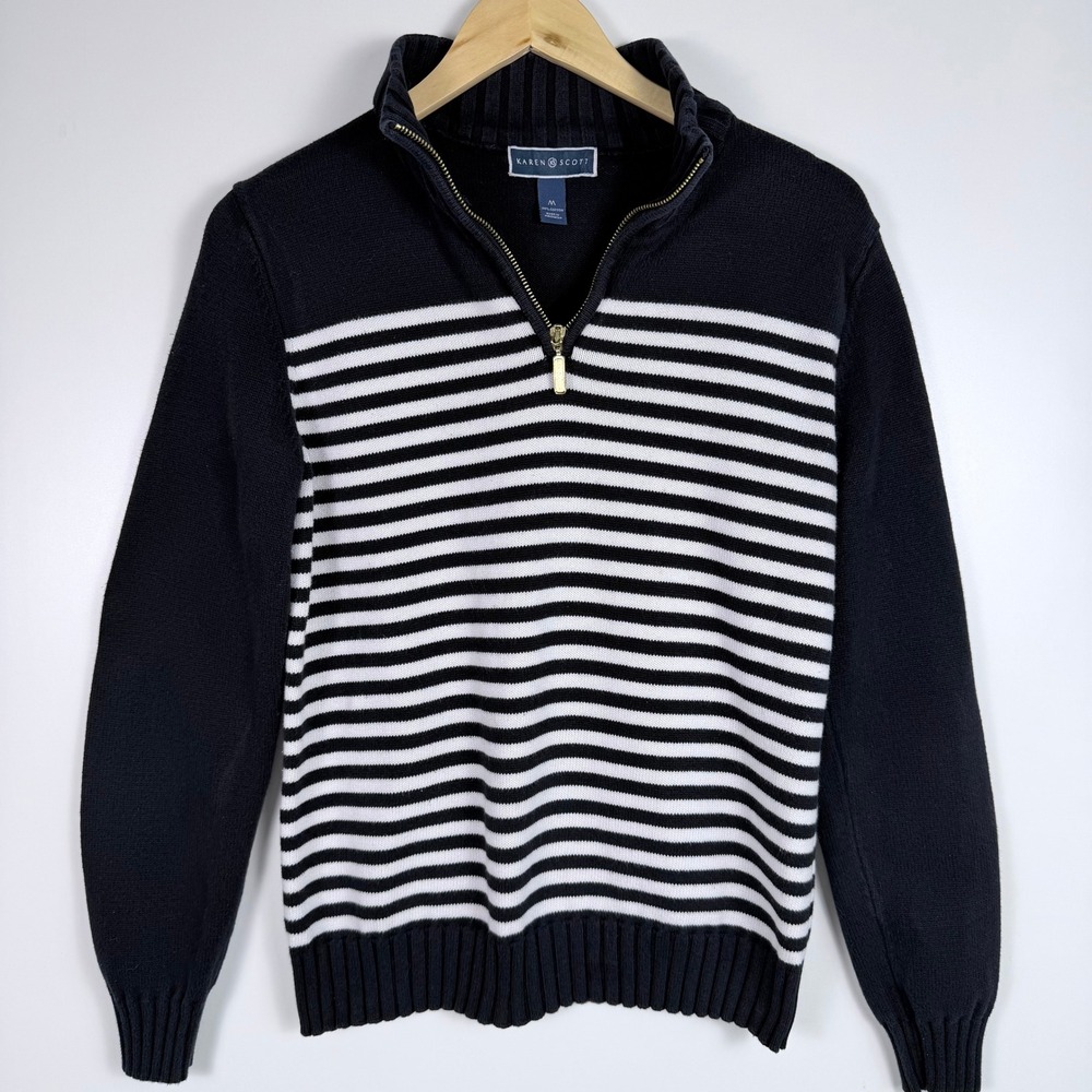 Karen Scott Women M Navy White Stripe Cotton Quarter Zip Sweater Nautical Preppy - Picture 2 of 9